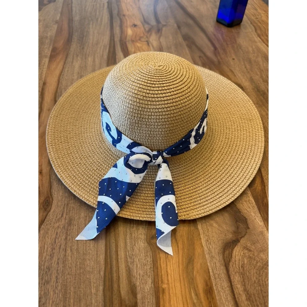 Adrienne Vittadini Tan Paper‎ Straw Sun Hat Navy Blue White Ribbon Rhinestones